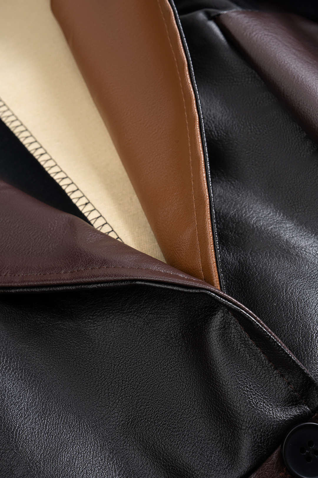 Faux Leather Contrast Notched Lapell Coat - Image 4