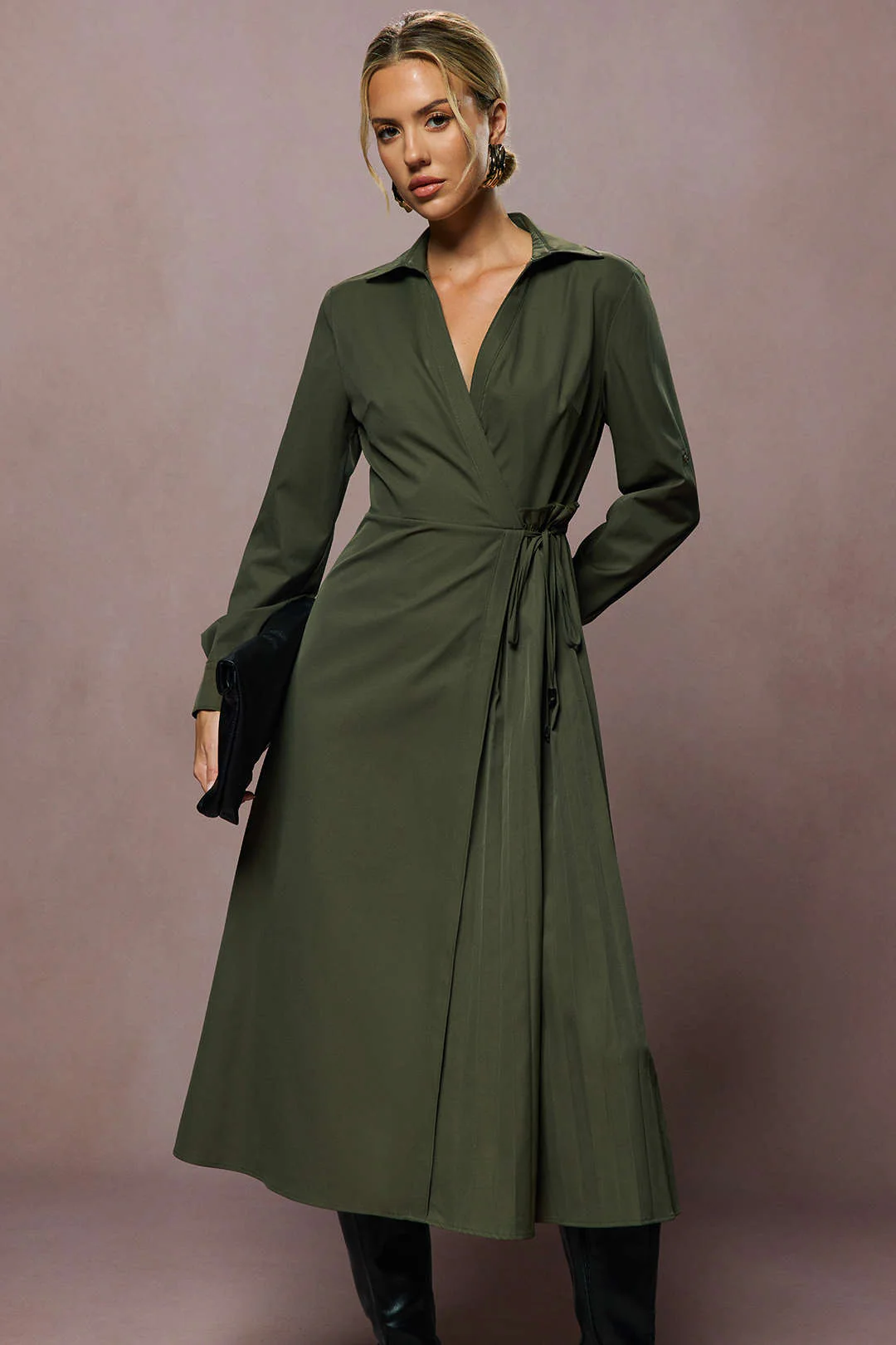 Tie-Up V-Neck Long Sleeve Midi Dress - Image 3