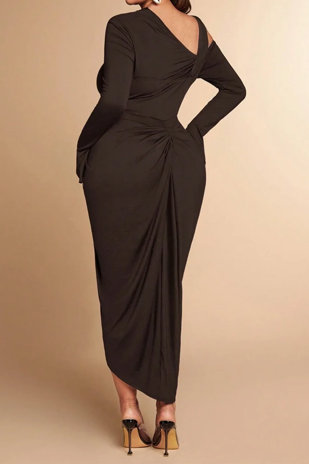 Plus Size Asymmetrical High Slit Ruched Long Sleeve Midi Dress - Image 2