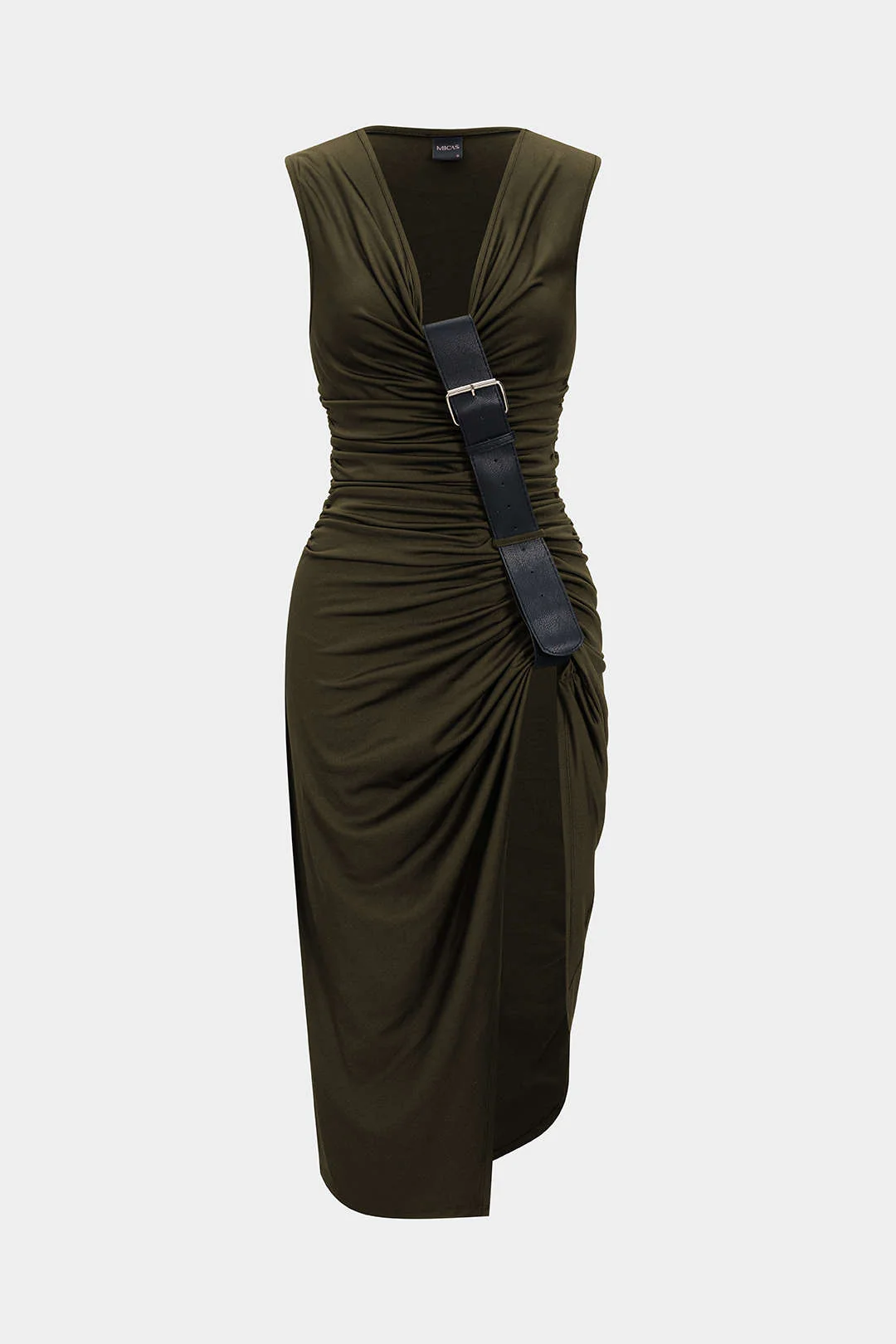 Ruched V-Neck Slit Asymmetrical Sleeveless Midi Dress - Image 5