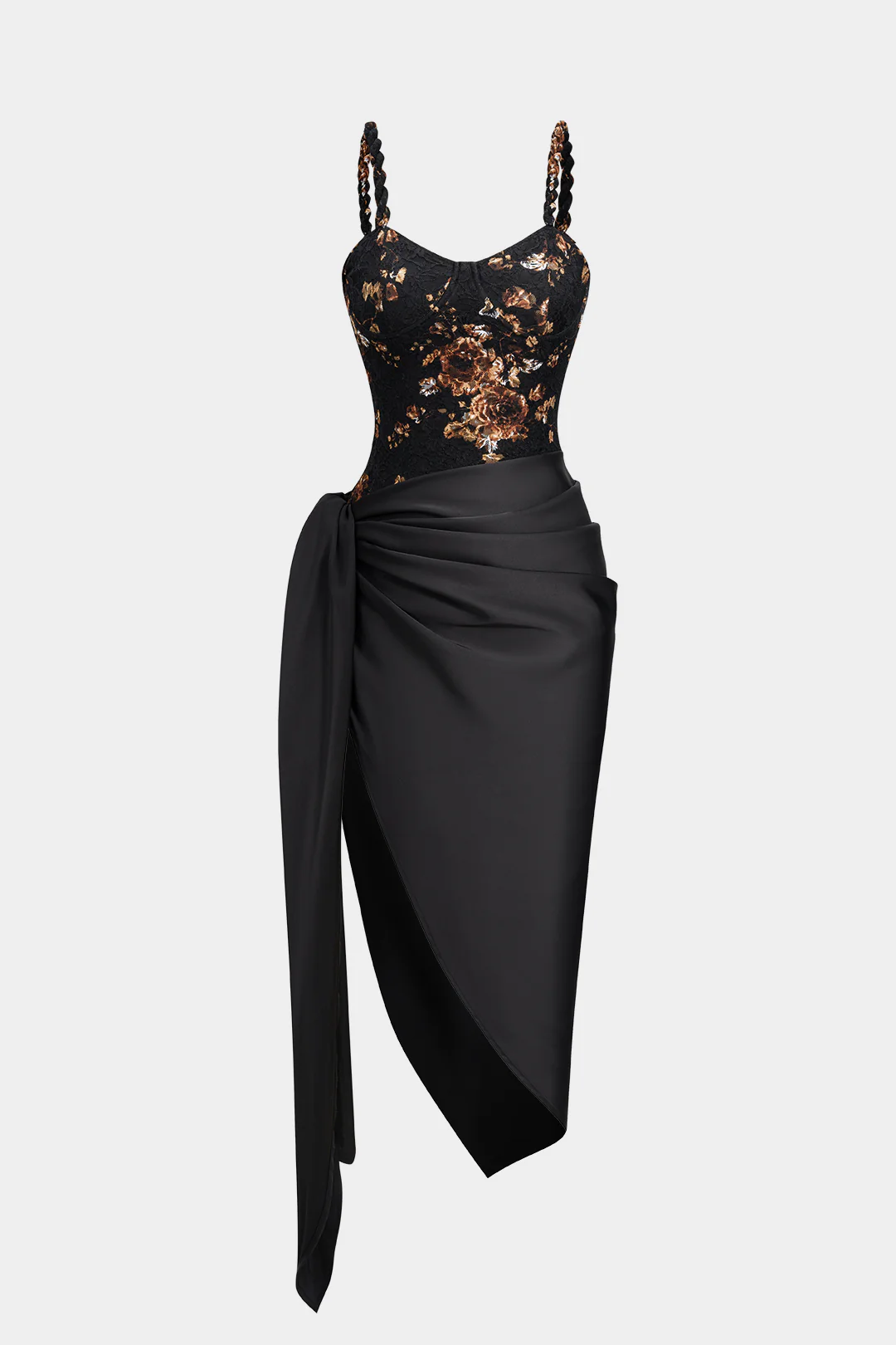 Floral Lace Patchwork Twist Knot Sleeveless Dress And Satin Asymmetrical Tie-Knot Skirt Set