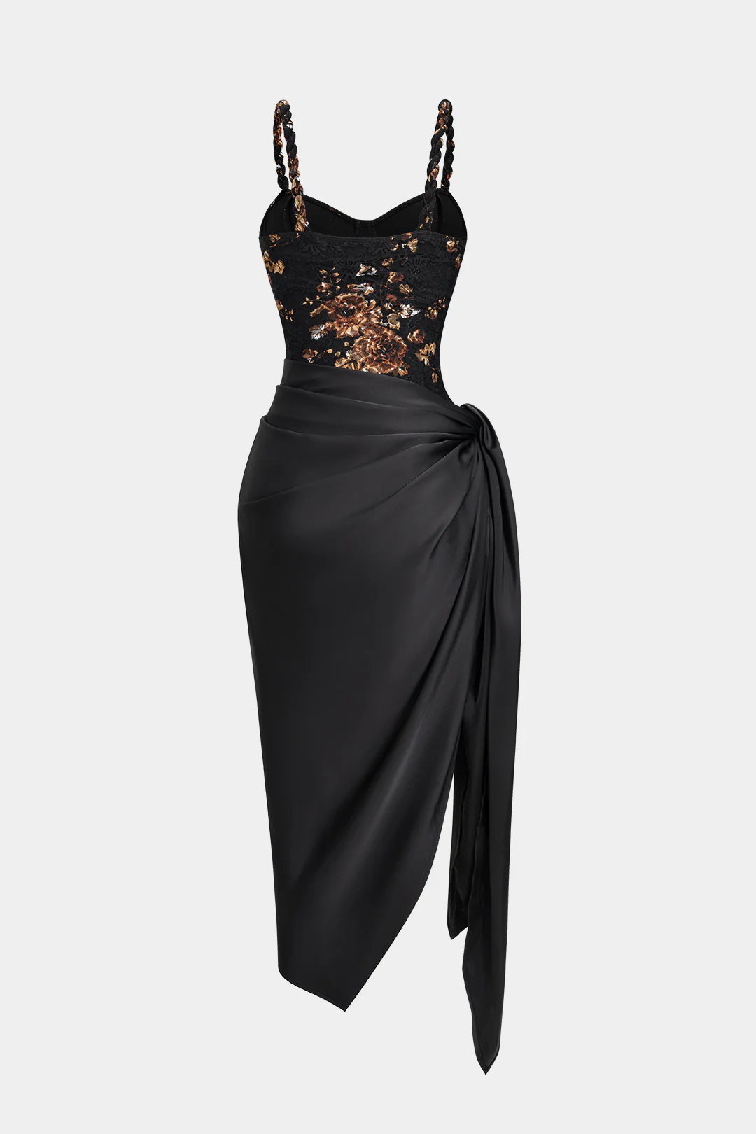 Floral Lace Patchwork Twist Knot Sleeveless Dress And Satin Asymmetrical Tie-Knot Skirt Set - Image 2