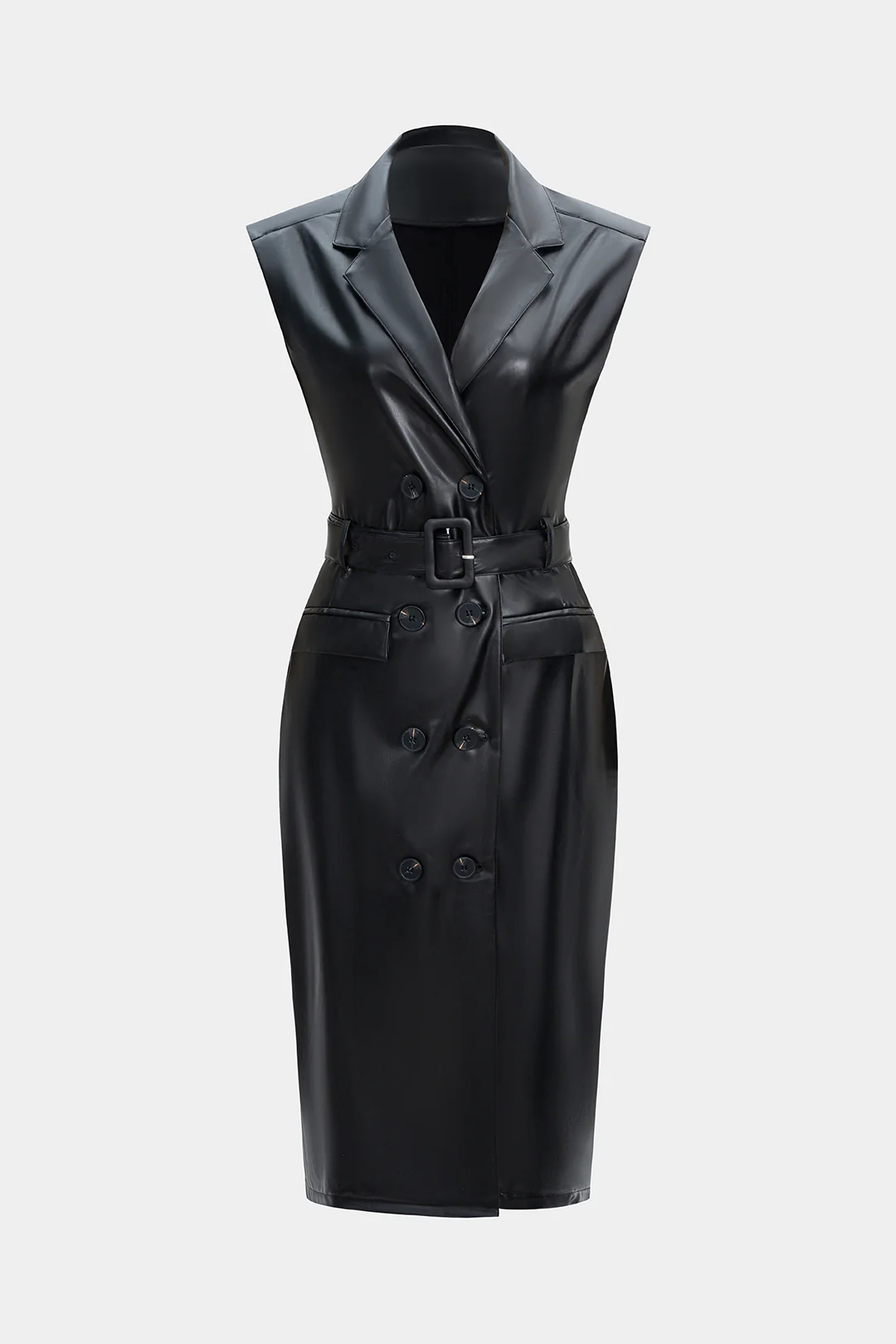 Faux Leather Button Belted Sleeveless Midi Dress