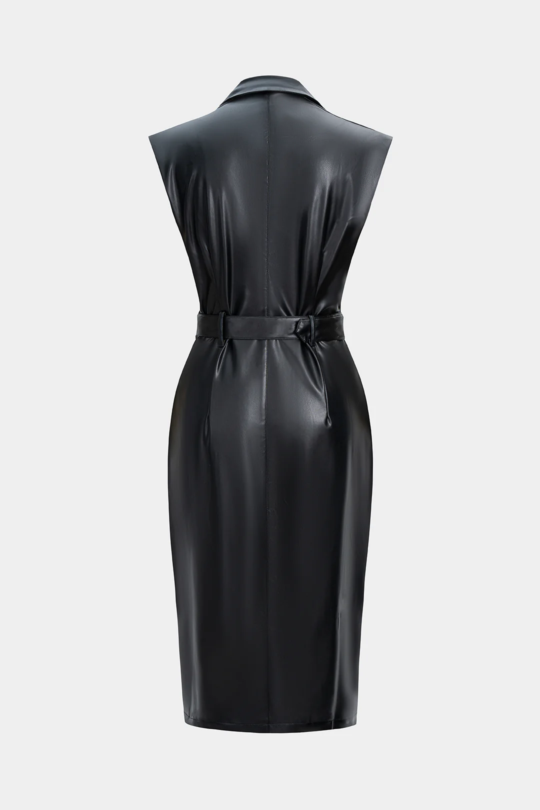 Faux Leather Button Belted Sleeveless Midi Dress - Image 2