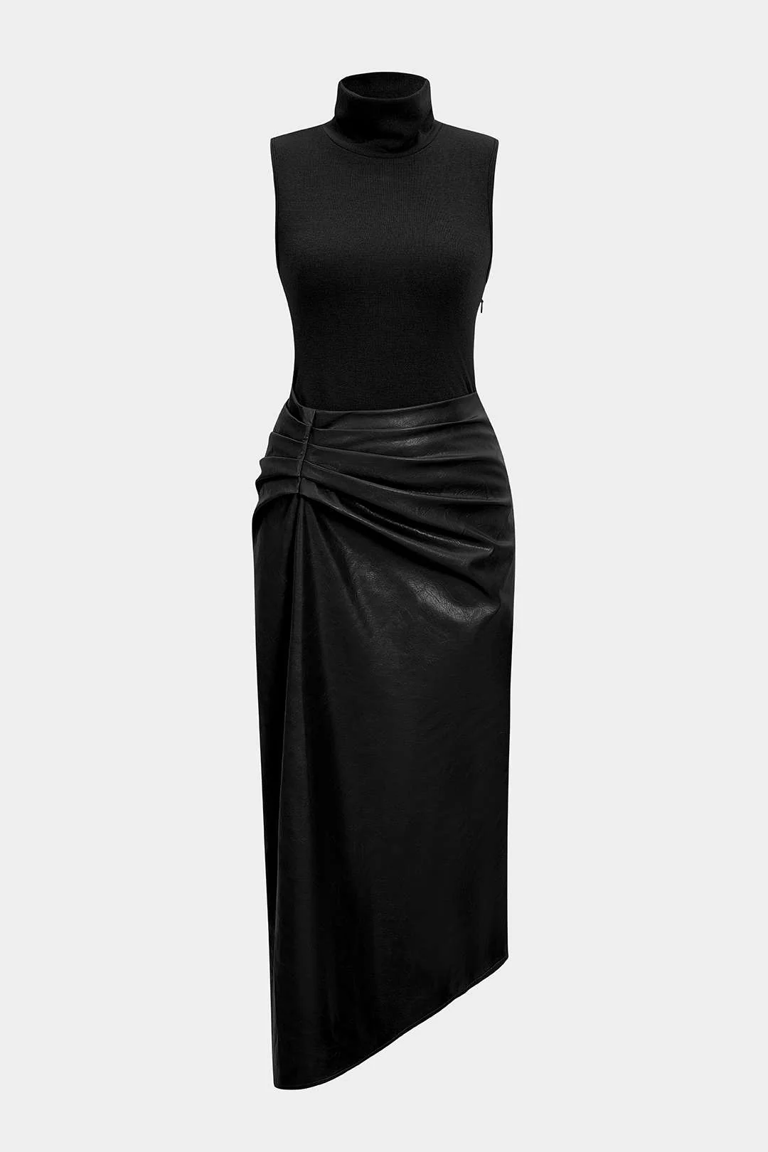 Faux Leather Patchwork High Neck Pleated Sleeveless Maxi Dress - Image 10