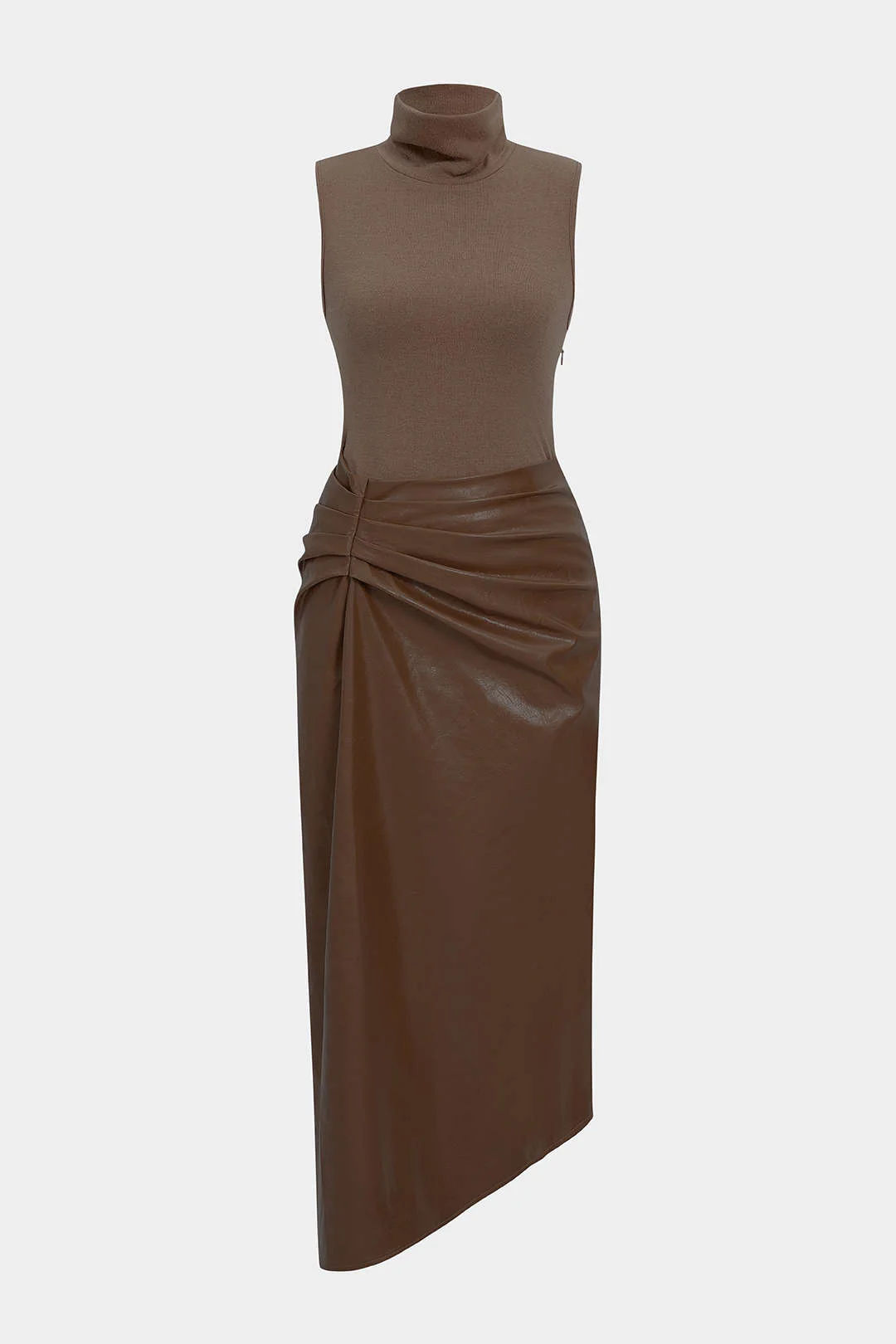 Faux Leather Patchwork High Neck Pleated Sleeveless Maxi Dress - Image 9
