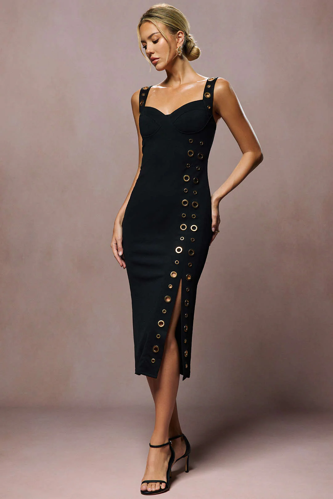 Metallic Eyelet Zipper Sleeveless Midi Dress - Image 6