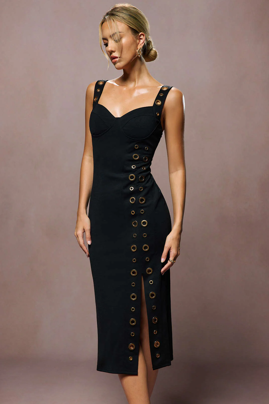Metallic Eyelet Zipper Sleeveless Midi Dress - Image 8