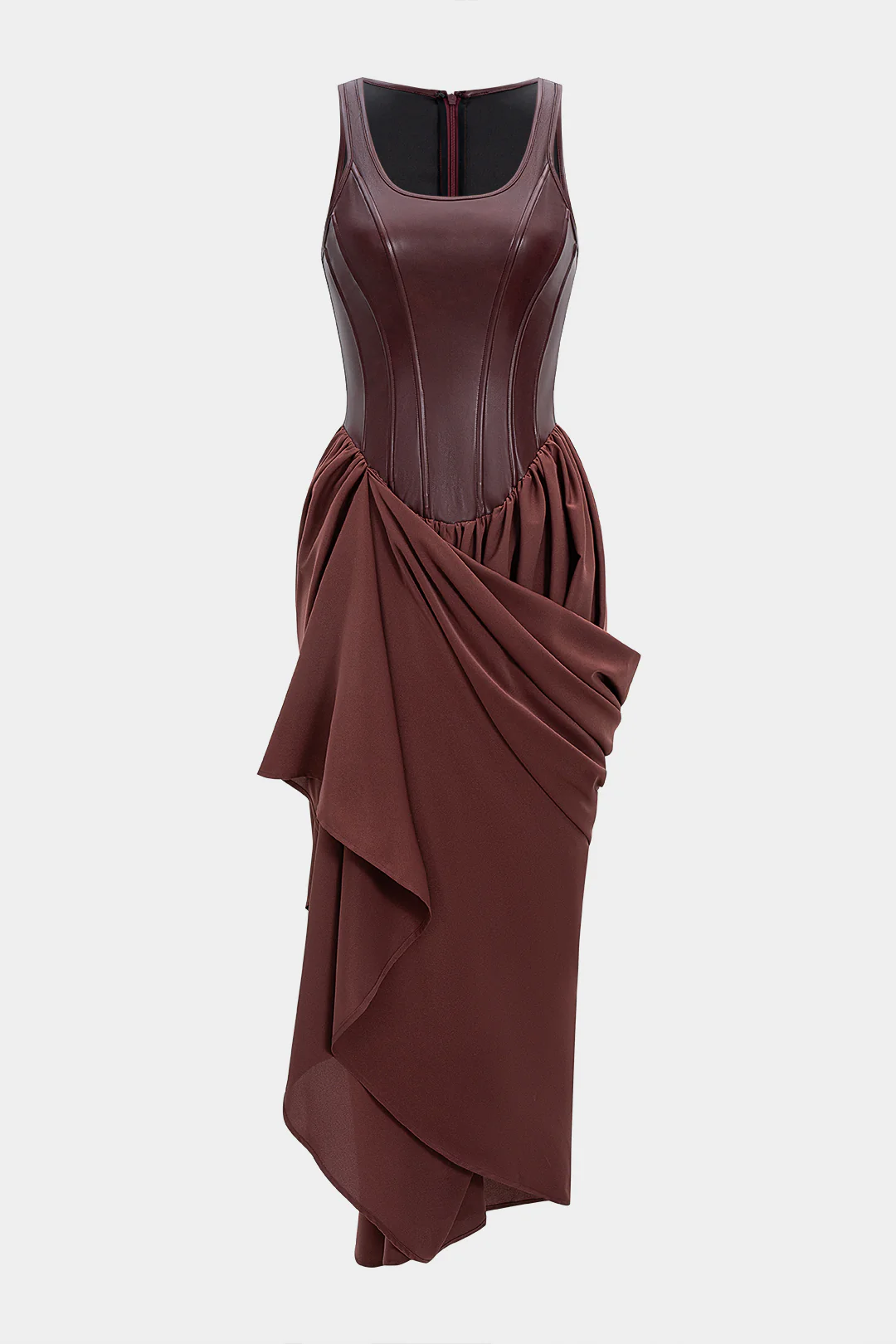 Faux Leather Patchwork Ruched Asymmetrical Sleeveless Maxi Dress