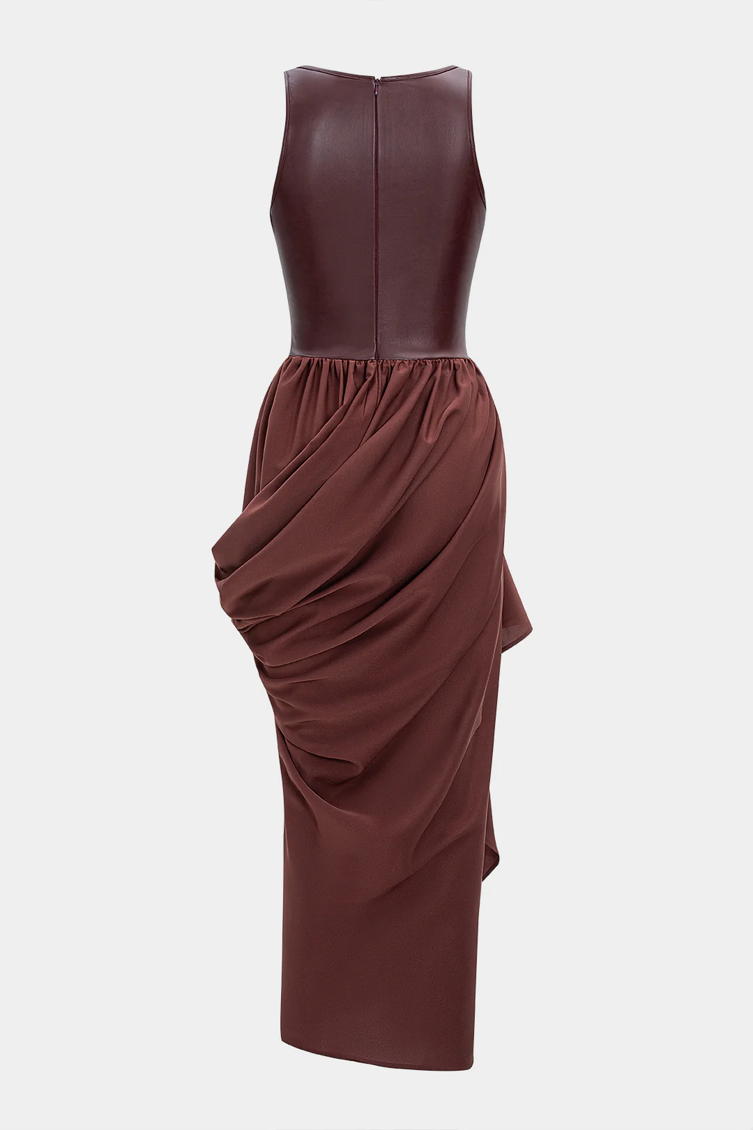 Faux Leather Patchwork Ruched Asymmetrical Sleeveless Maxi Dress - Image 2