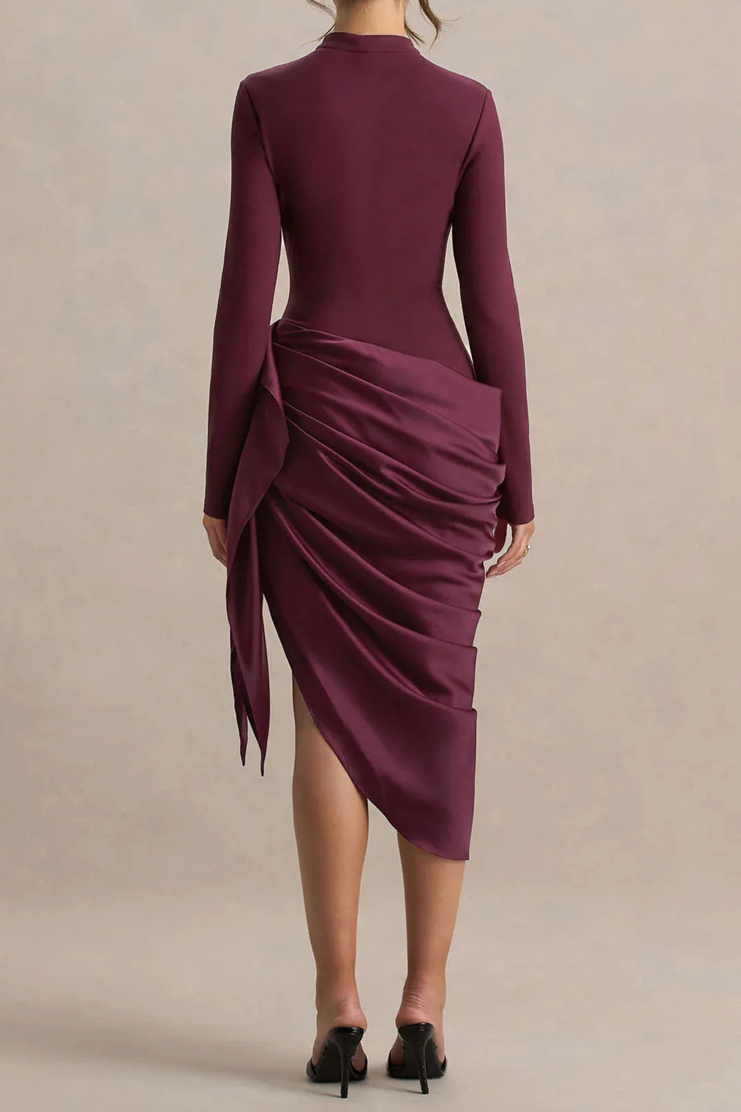 Satin Patchwork Ruched Asymmetrical Long Sleeve Midi Dress - Image 2