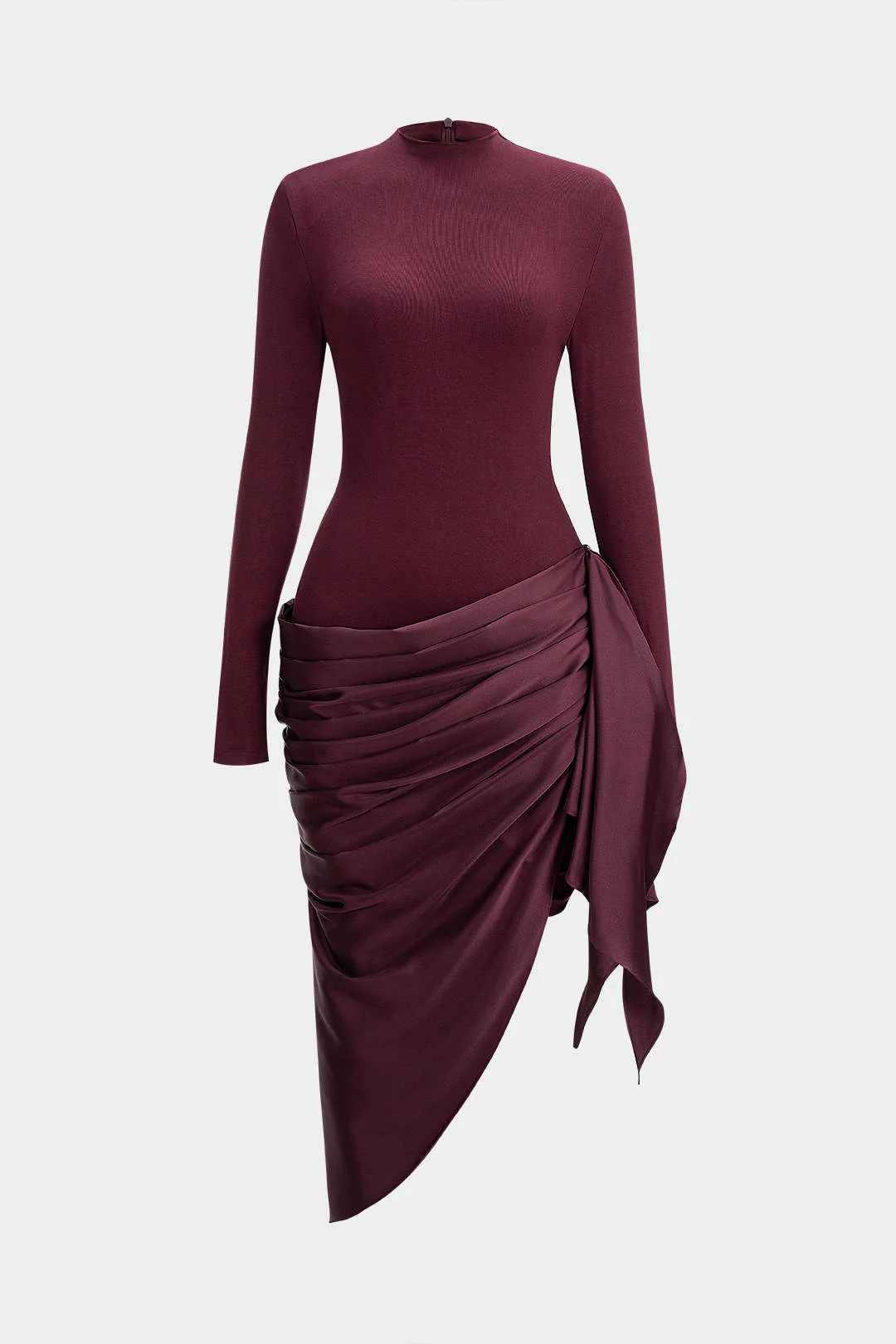 Satin Patchwork Ruched Asymmetrical Long Sleeve Midi Dress - Image 3