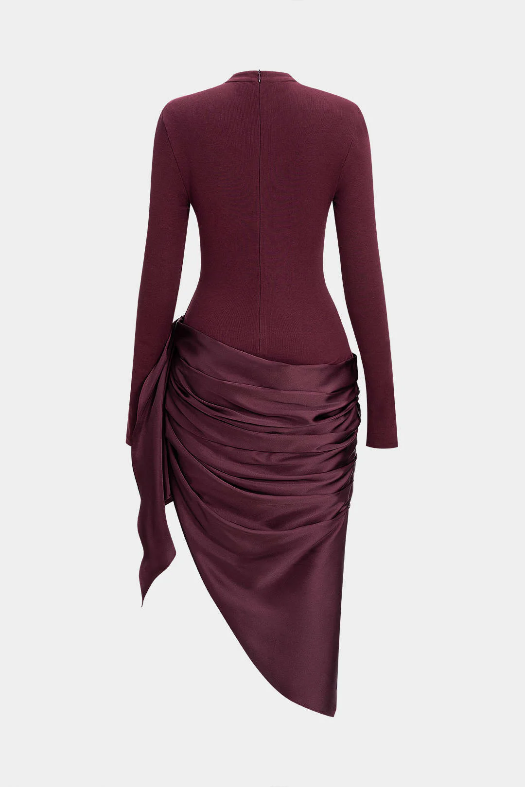 Satin Patchwork Ruched Asymmetrical Long Sleeve Midi Dress - Image 4