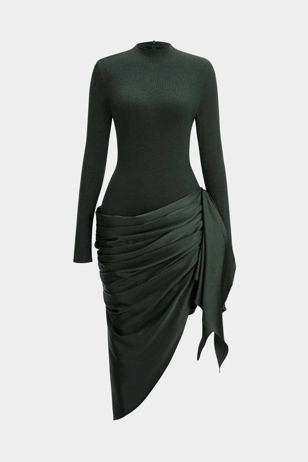 Satin Patchwork Ruched Asymmetrical Long Sleeve Midi Dress - Image 7