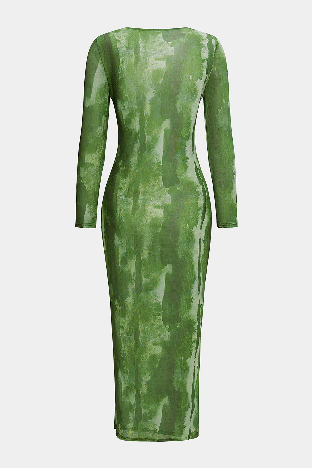 Tie Dye Print Mesh Round Neck Ruched Long Sleeve Midi Dress - Image 6