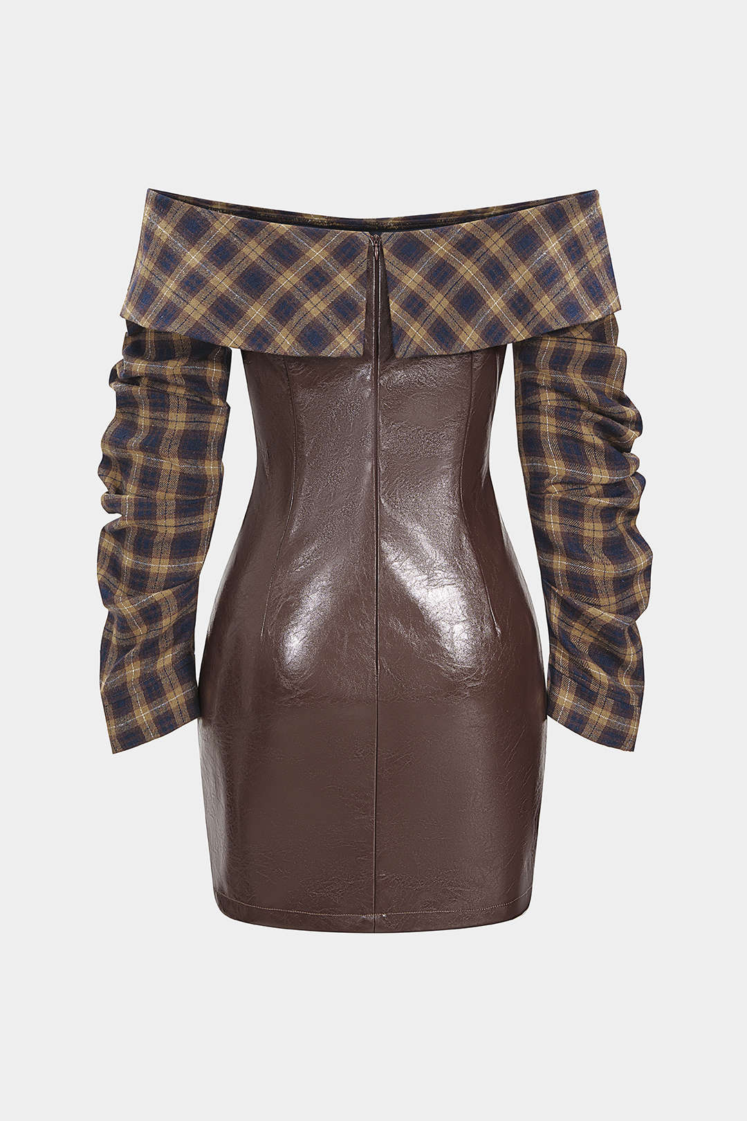 Faux Leather Patchwork Plaid Print Off Shoulder Zipper Long Sleeve Mini Dress - Image 2