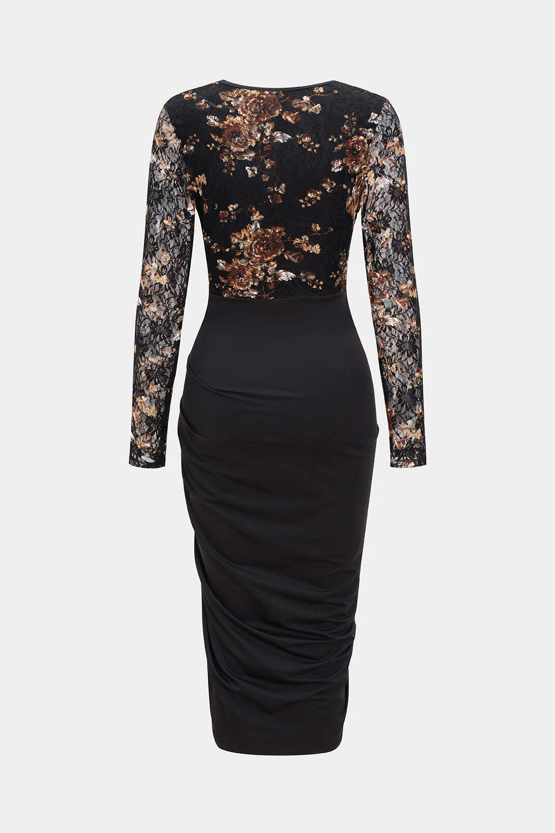 Floral Print Lace Patchwork Long Sleeve Midi Dress - Image 2