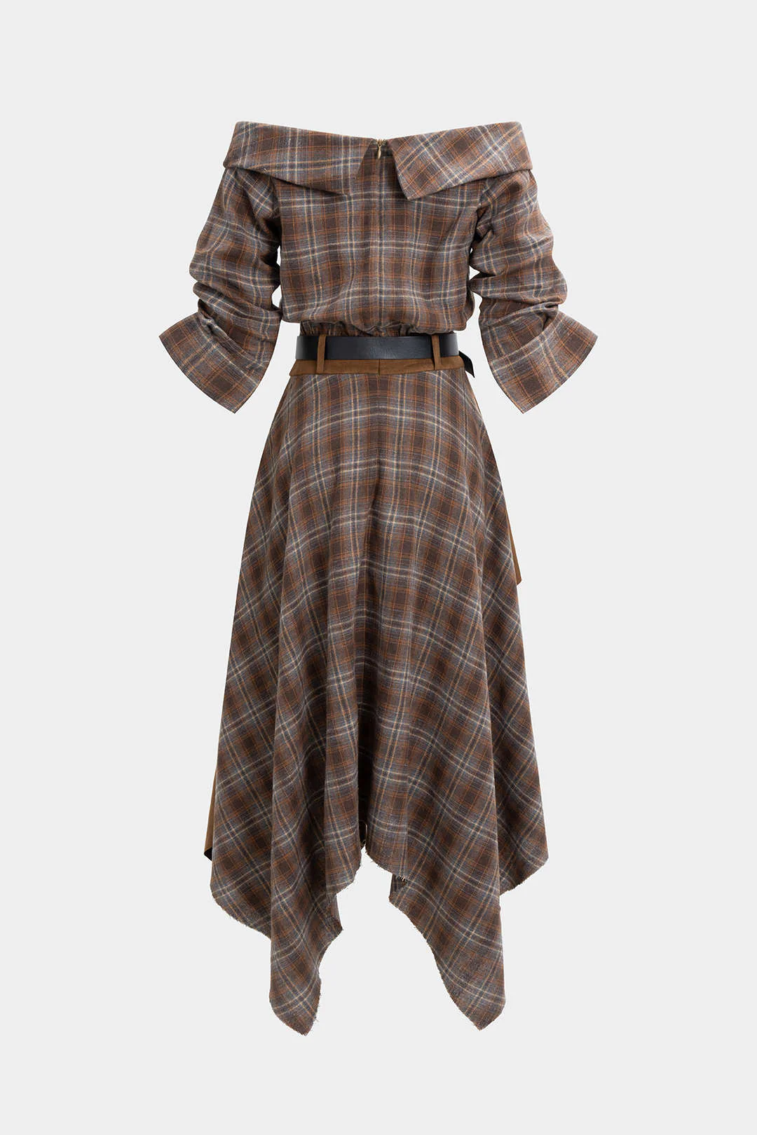 Plaid Print Suede Off Shoulder Zipper Belted Long Sleeve Midi Dress - Image 2
