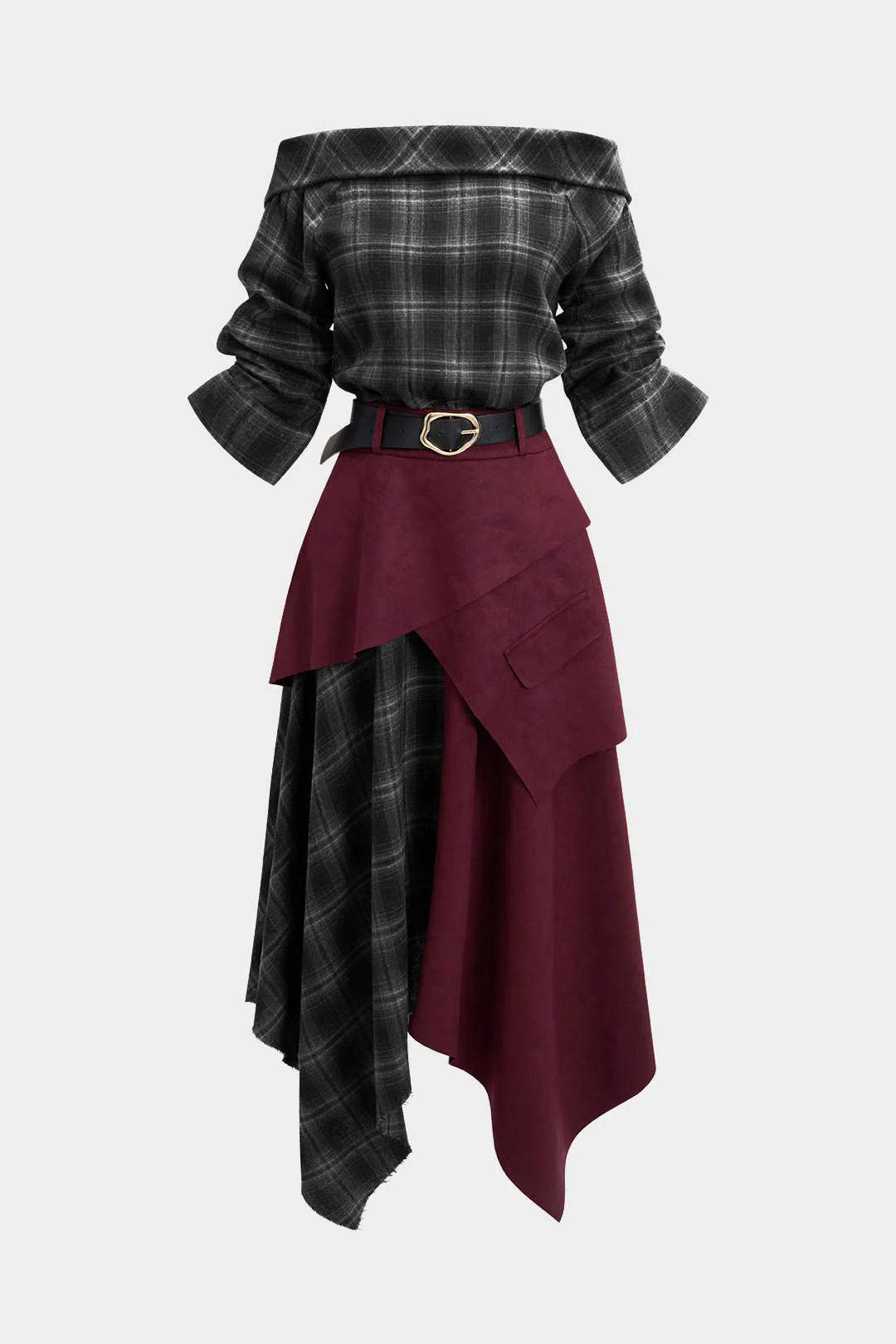 Plaid Print Suede Off Shoulder Zipper Belted Long Sleeve Midi Dress - Image 6