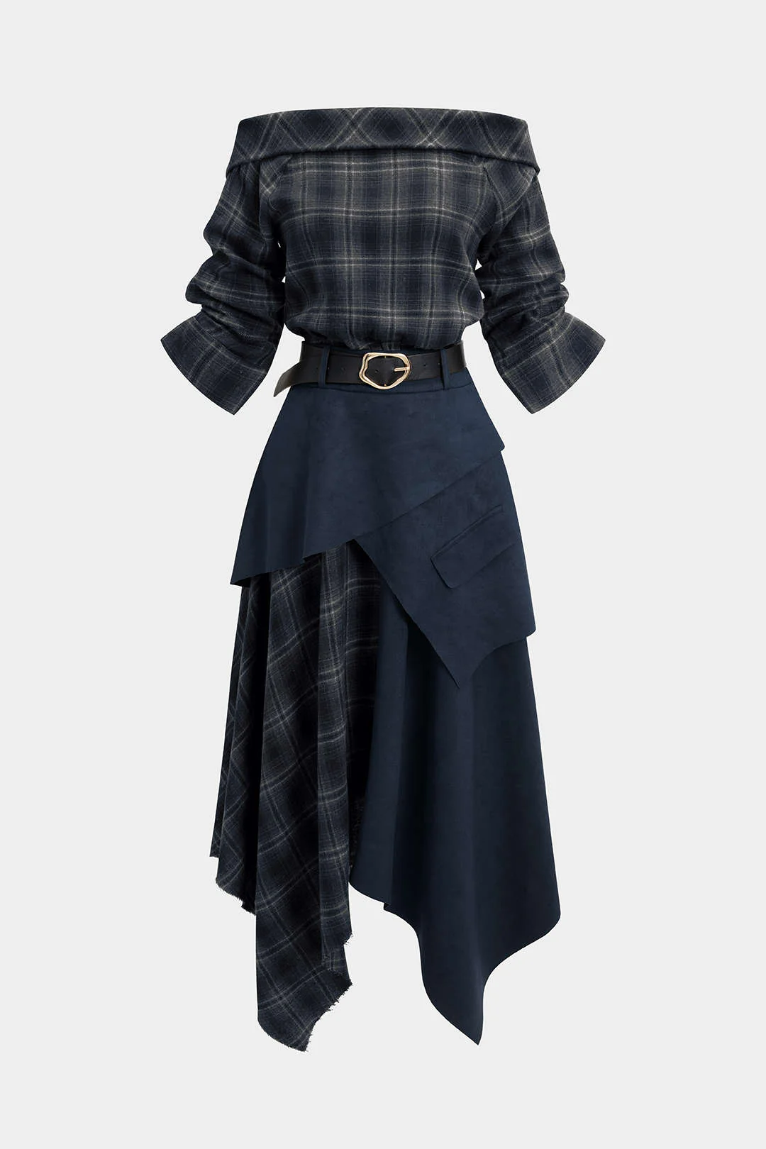 Plaid Print Suede Off Shoulder Zipper Belted Long Sleeve Midi Dress - Image 7