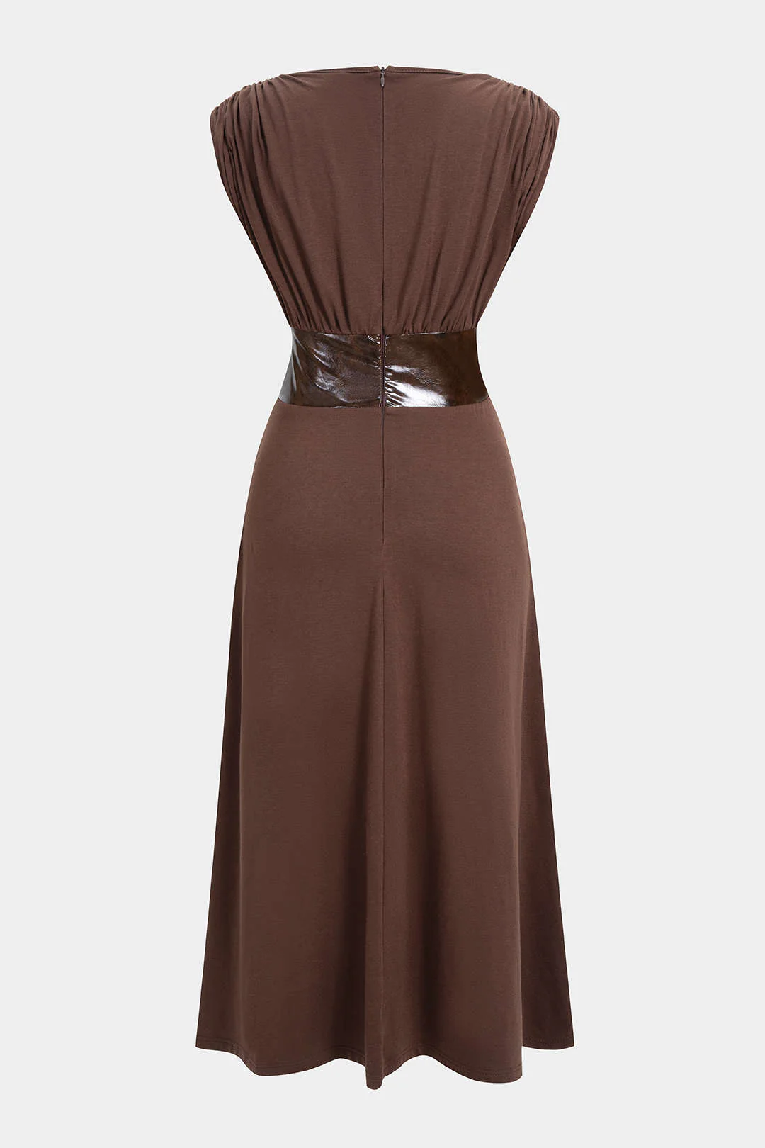Faux Leather Patchwork Ruched Short-Sleeve Maxi Dress - Image 2