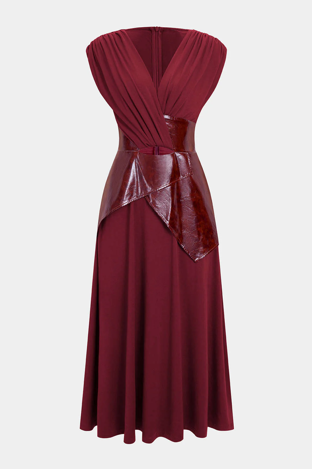 Faux Leather Patchwork Ruched Short-Sleeve Maxi Dress - Image 4