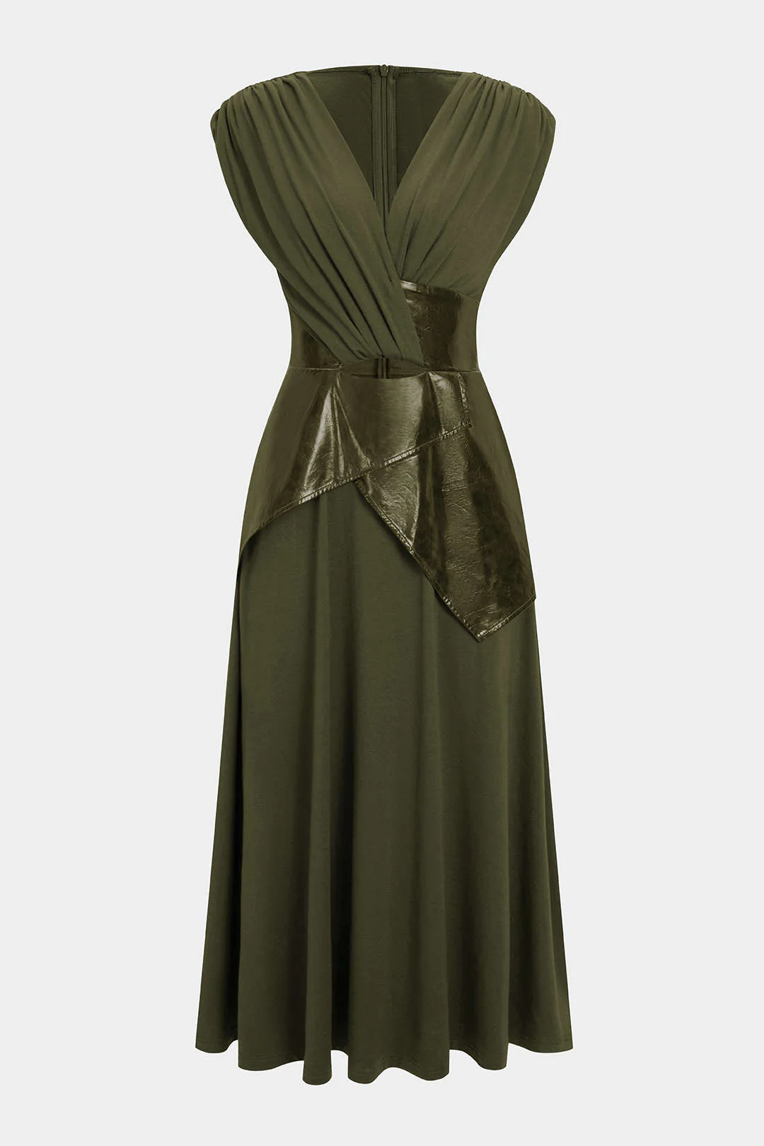 Faux Leather Patchwork Ruched Short-Sleeve Maxi Dress - Image 5