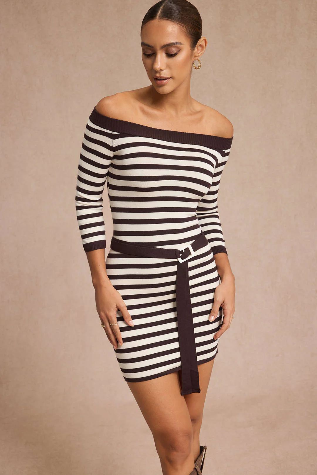 Knit Contrast Stripes Print Off-Shoulder Belted Short Sleeve Dress - Image 3