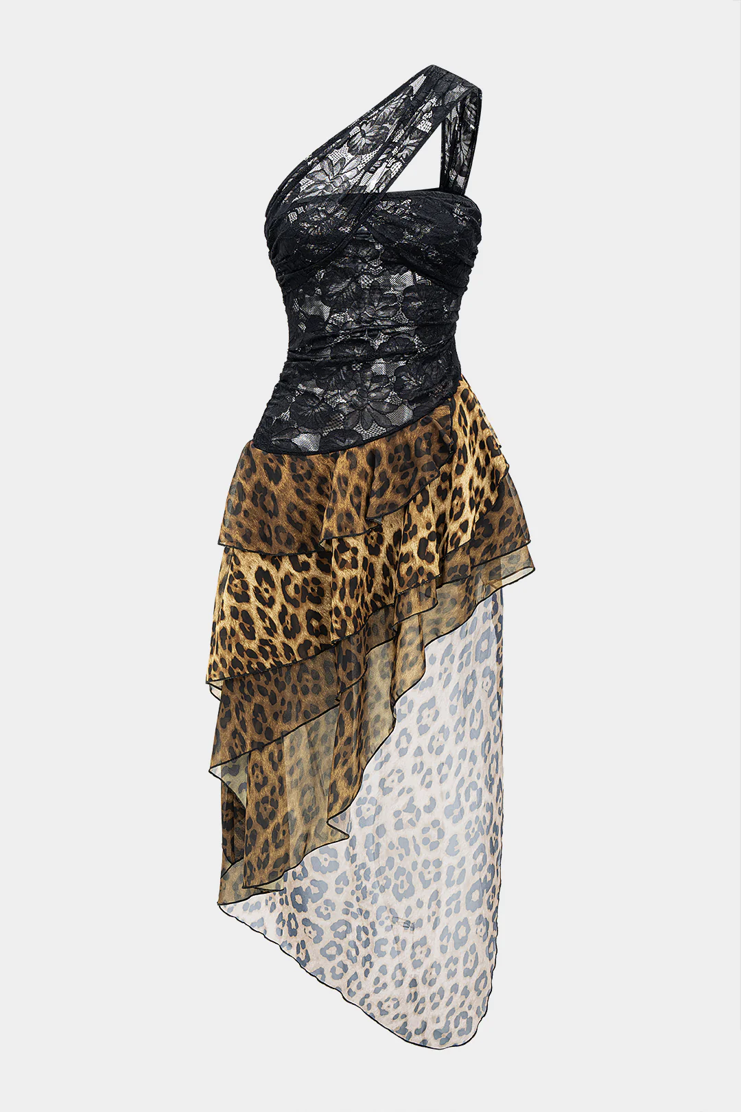 Leopard Print Chiffon Lace Sheer One Shoulder Ruffle Hem Sleeveless Midi Dress
