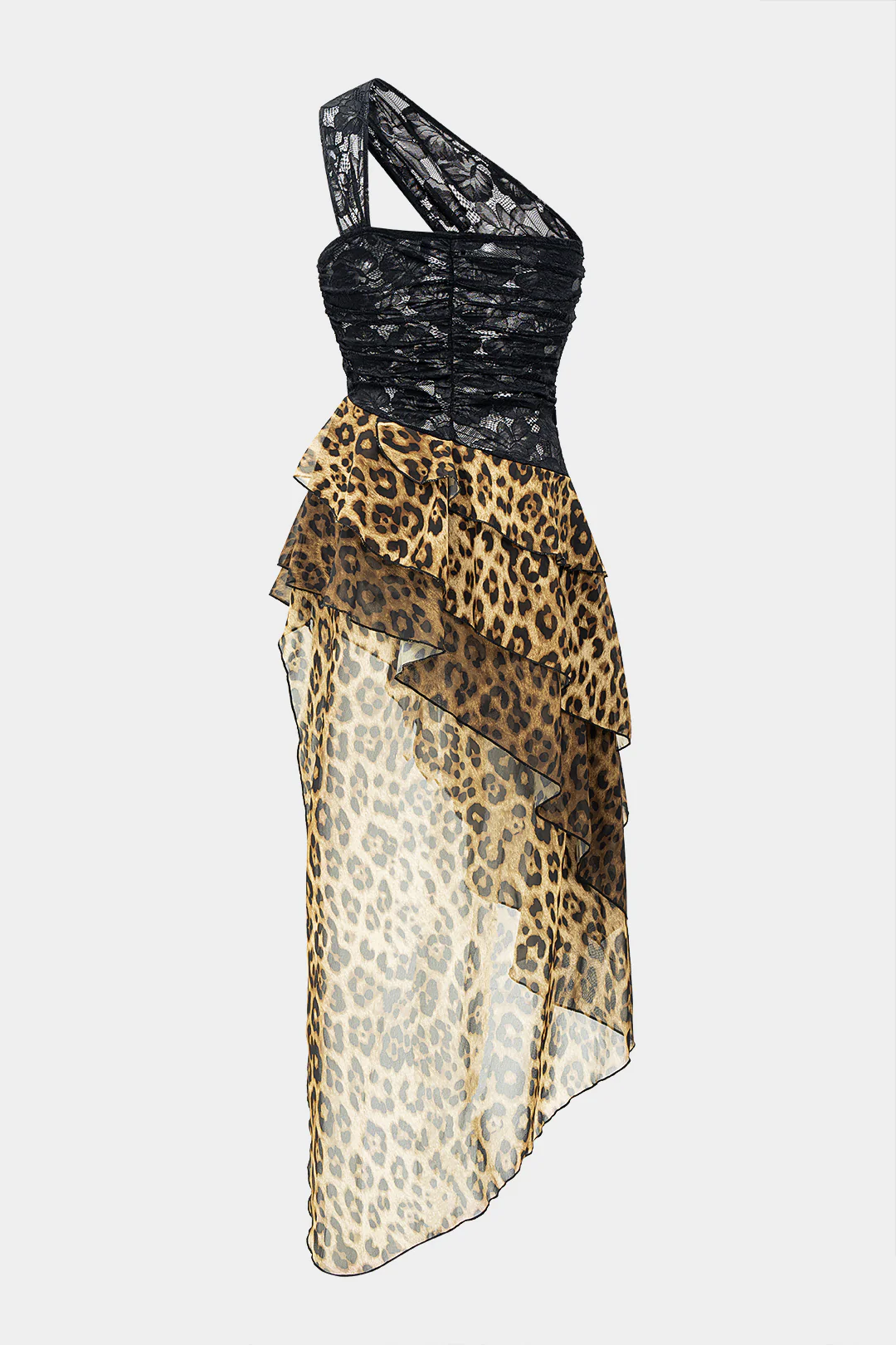 Leopard Print Chiffon Lace Sheer One Shoulder Ruffle Hem Sleeveless Midi Dress - Image 2
