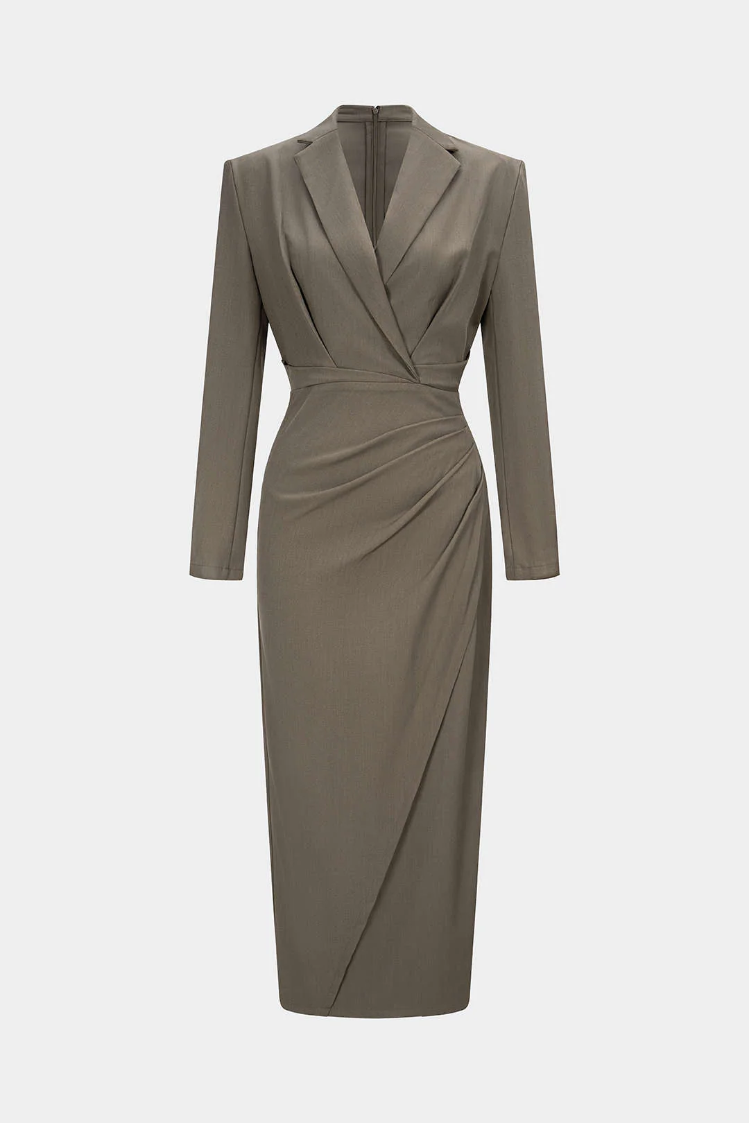 Ruched Notched Lapel Asymmetrical Long Sleeve Maxi Dress