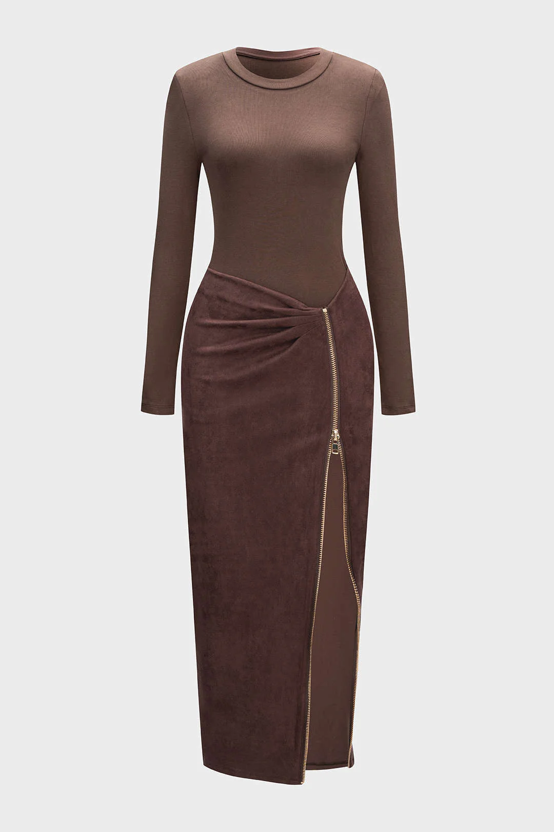 Round Neck Zipper Patchwork Long Sleeve Midi Dress - Image 2