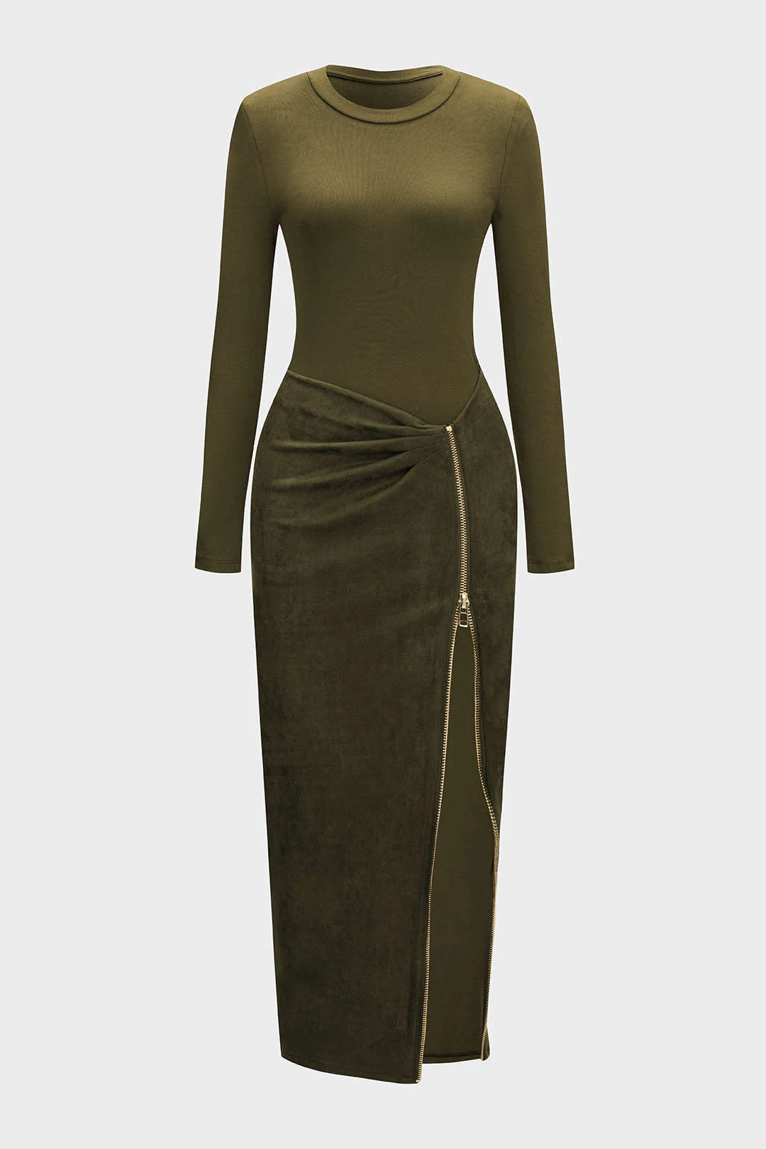 Round Neck Zipper Patchwork Long Sleeve Midi Dress - Image 6