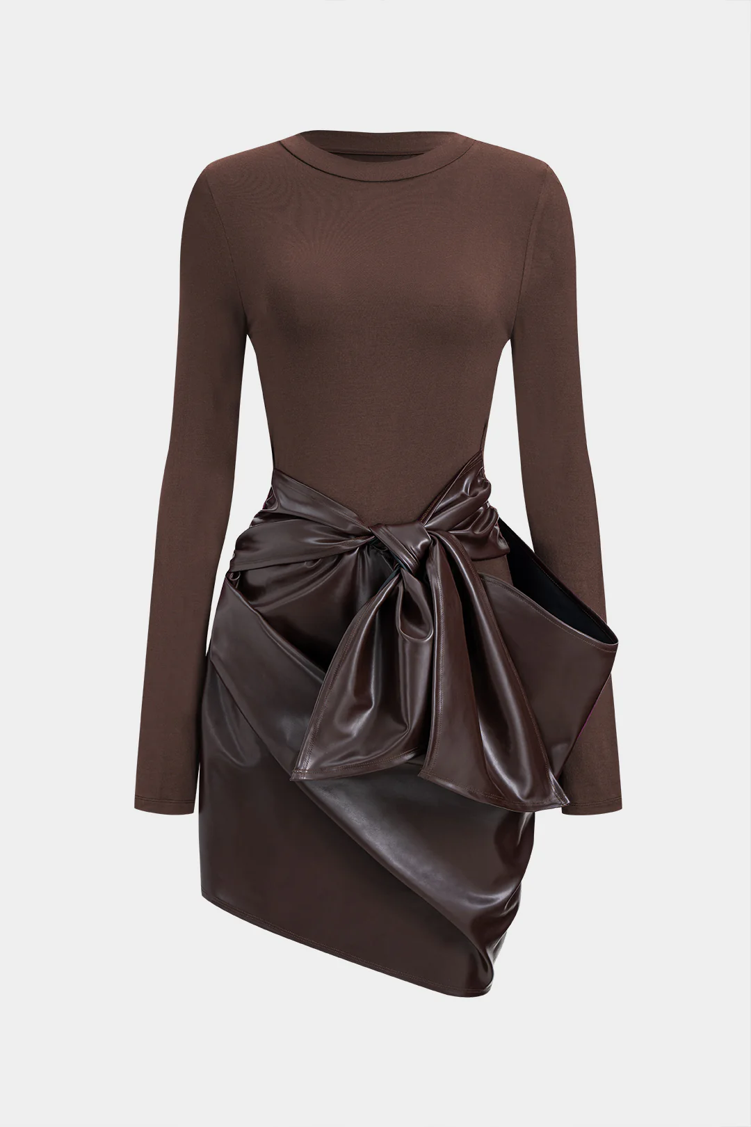 Faux Leather Patchwork Round Neck Tie Up Long Sleeve Midi Dress