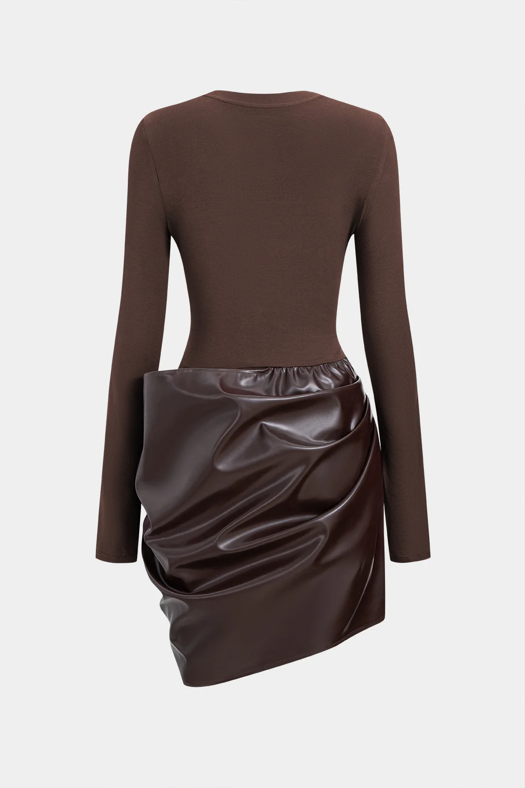 Faux Leather Patchwork Round Neck Tie Up Long Sleeve Midi Dress - Image 2