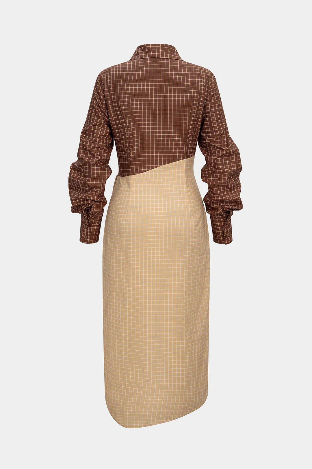 Plaid Print Contrast Asymmetrical Ruched Long Sleeve Midi Dress - Image 2