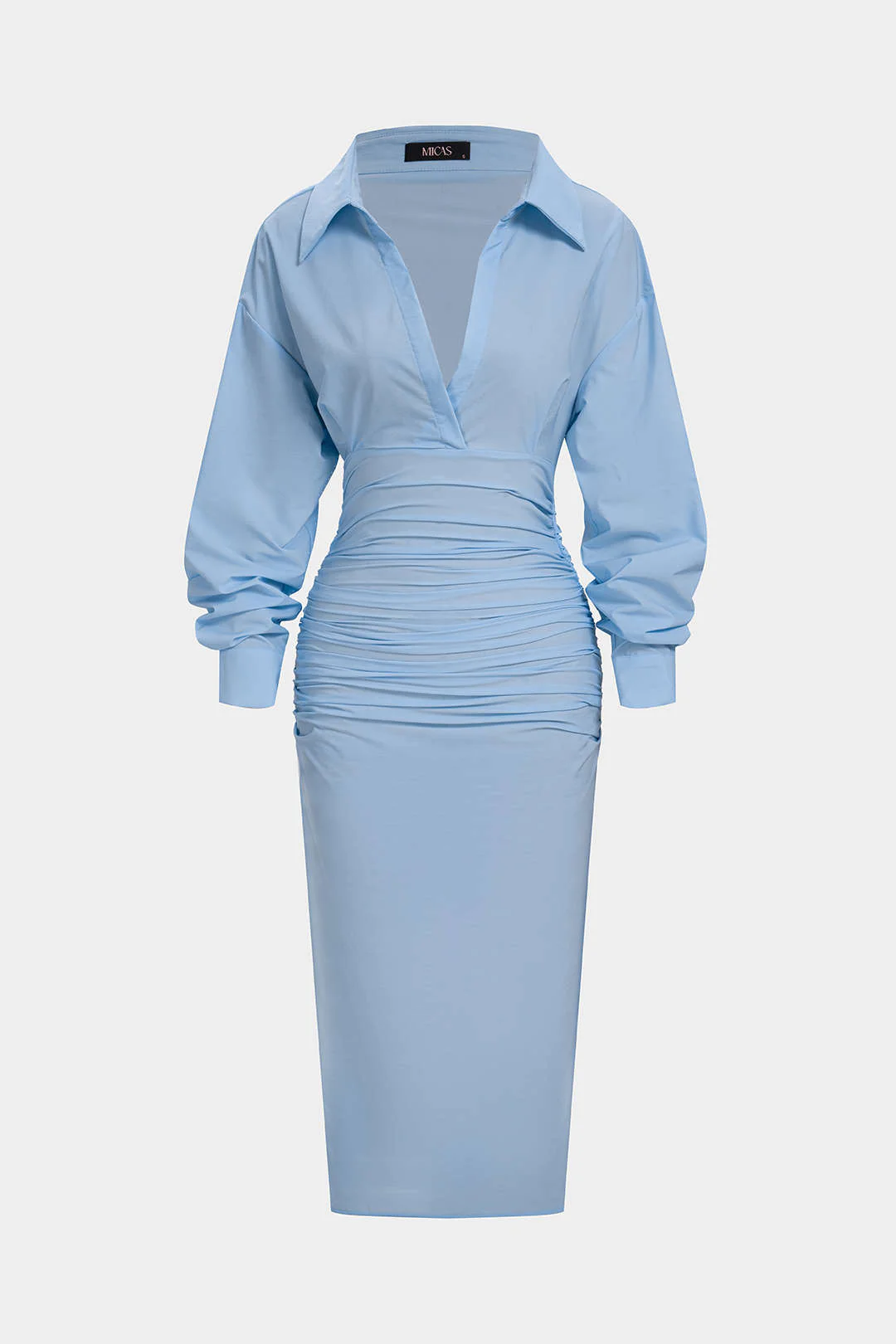Solid Ruched Long Sleeve Midi Dress
