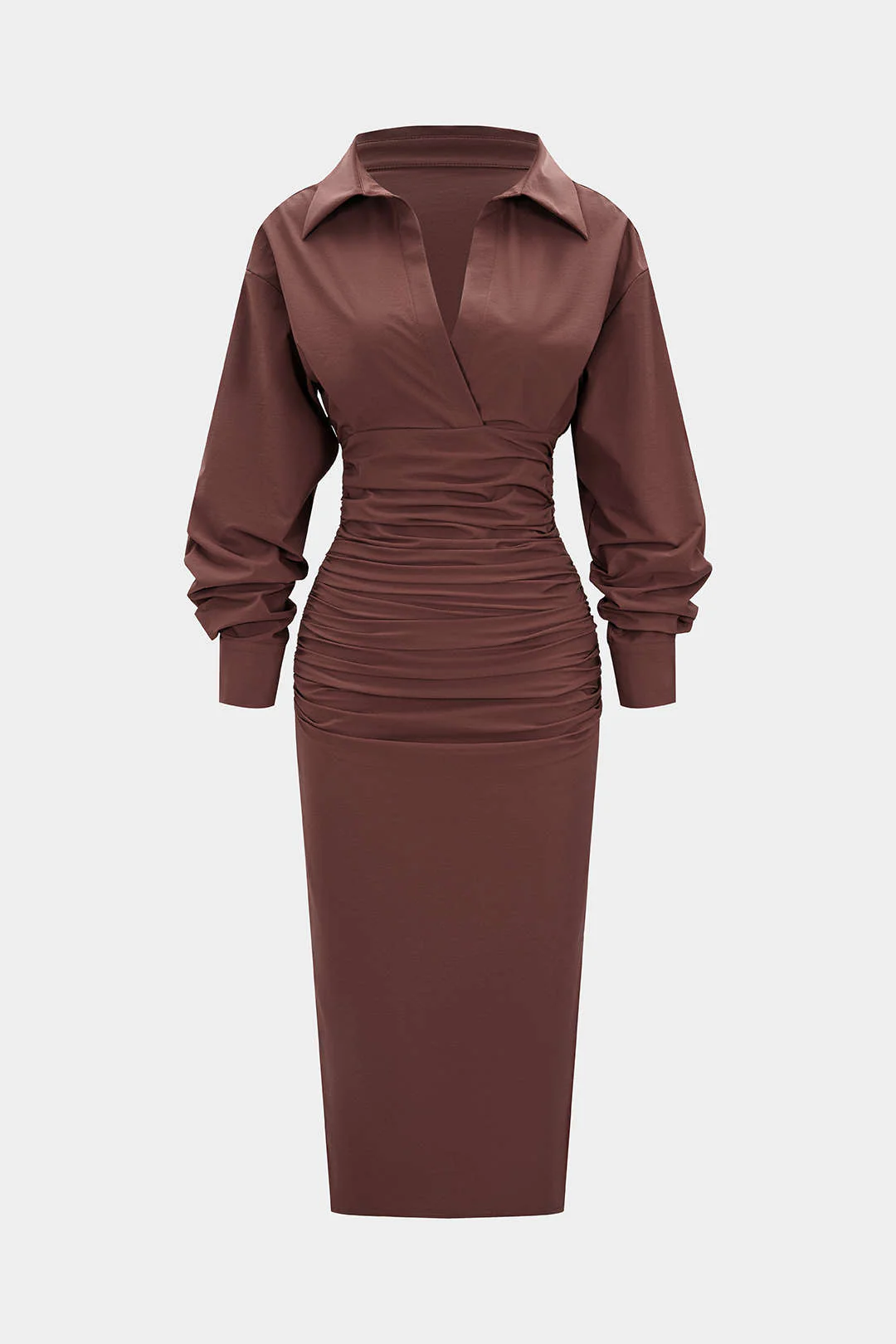 Solid Ruched Long Sleeve Midi Dress - Image 2