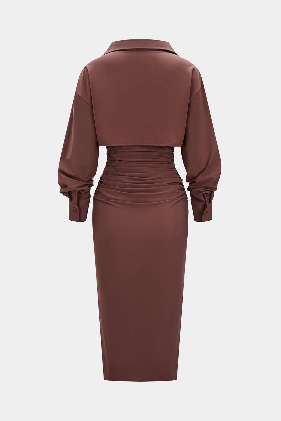Solid Ruched Long Sleeve Midi Dress - Image 3