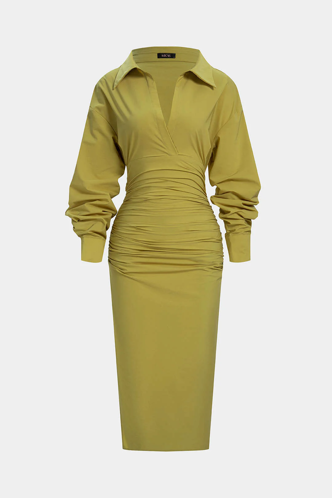 Solid Ruched Long Sleeve Midi Dress - Image 7