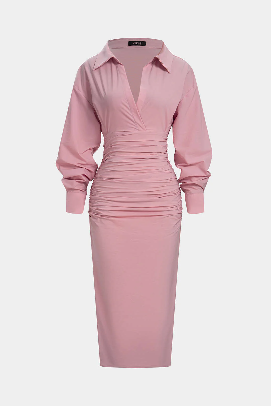 Solid Ruched Long Sleeve Midi Dress - Image 8