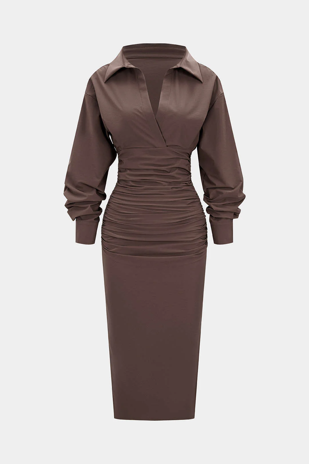 Solid Ruched Long Sleeve Midi Dress - Image 9