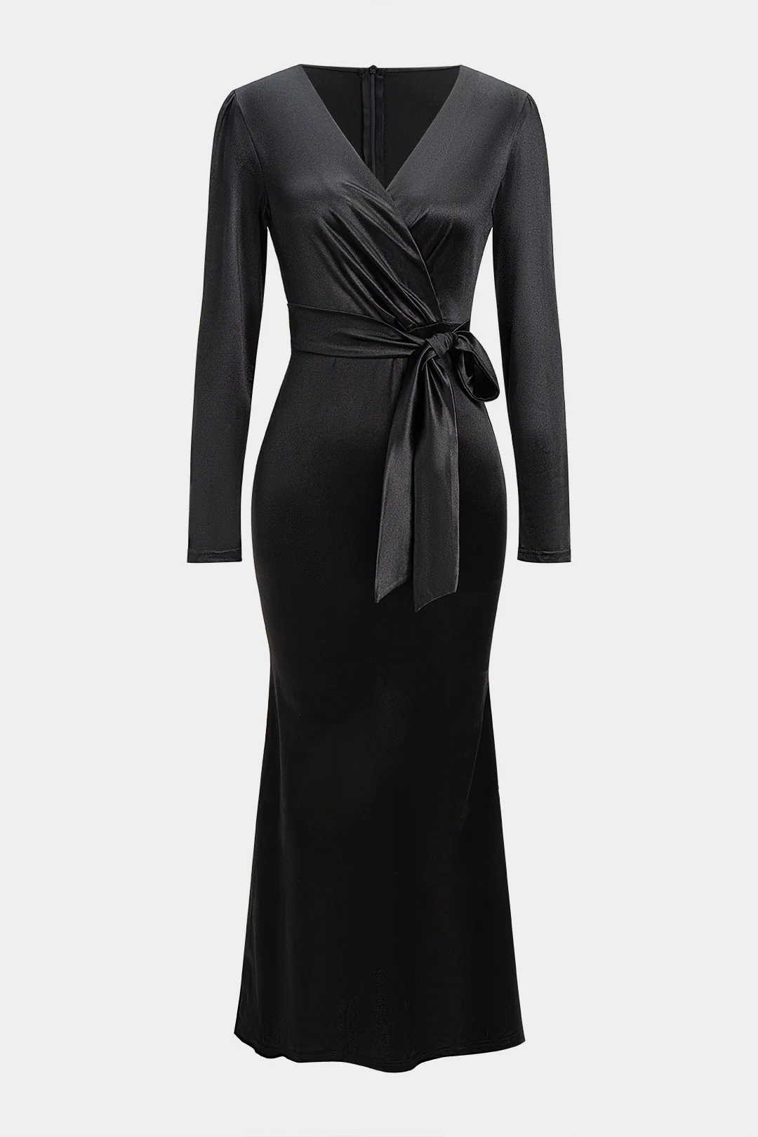 Satin Ruched V-Neck Belted Long Sleeve Midi Dress