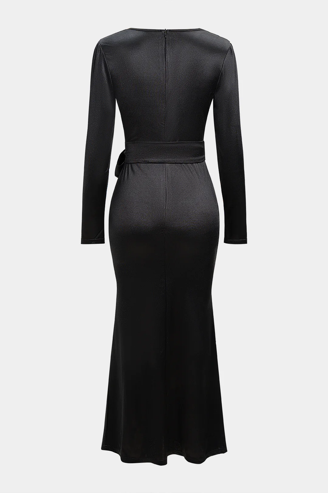 Satin Ruched V-Neck Belted Long Sleeve Midi Dress - Image 2