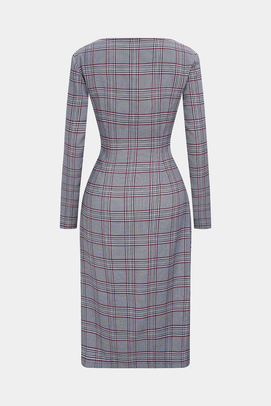 Plaid Print V-Neck Asymmetrical Ruched Long Sleeve Midi Dress - Image 2