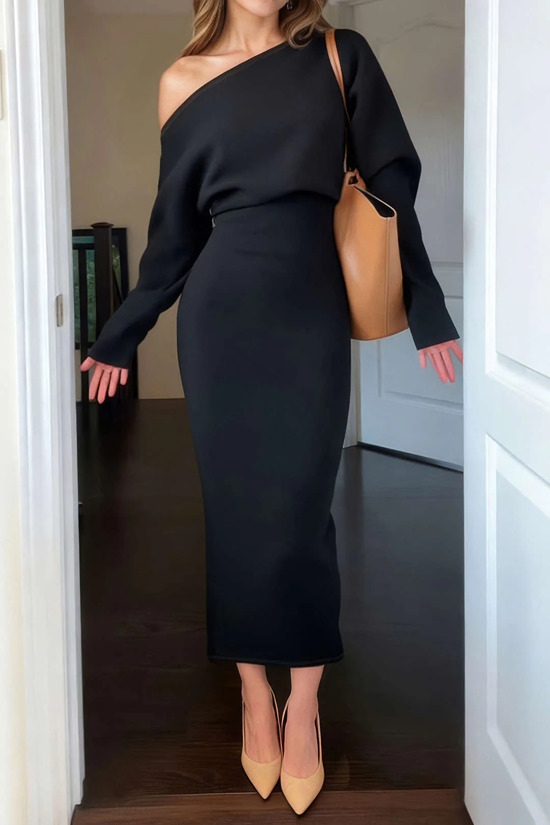 One Shoulder Long Sleeve Midi Dress