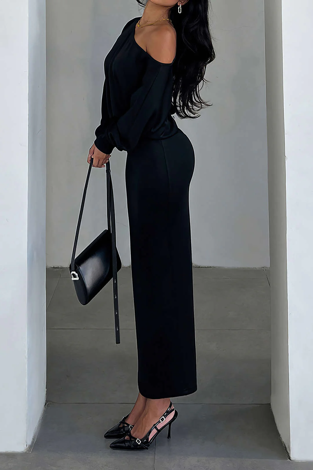 One Shoulder Long Sleeve Midi Dress - Image 2