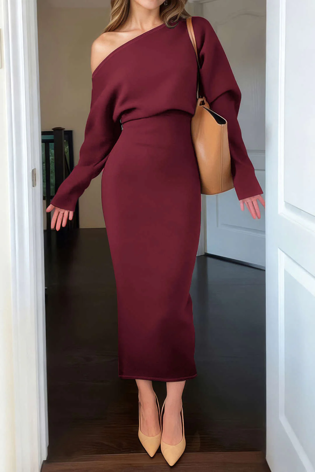One Shoulder Long Sleeve Midi Dress - Image 7