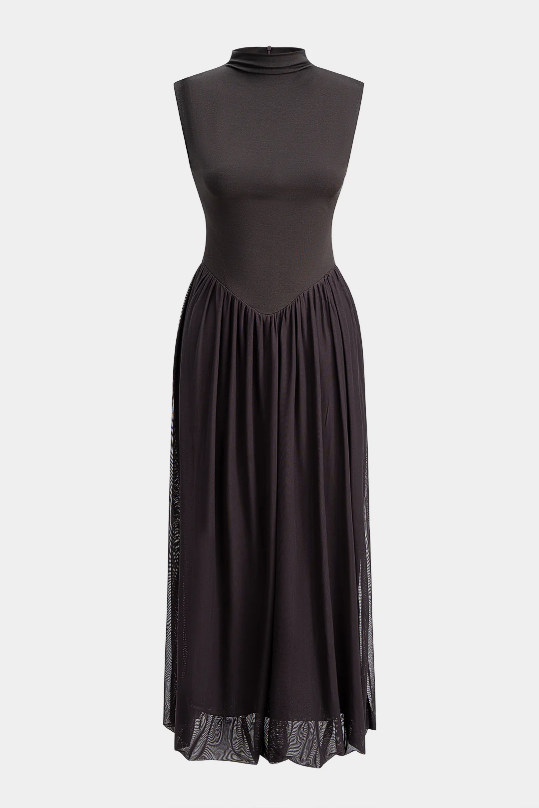 Patchwork Mesh Mock Neck Ruched Sleeveless Midi Dress