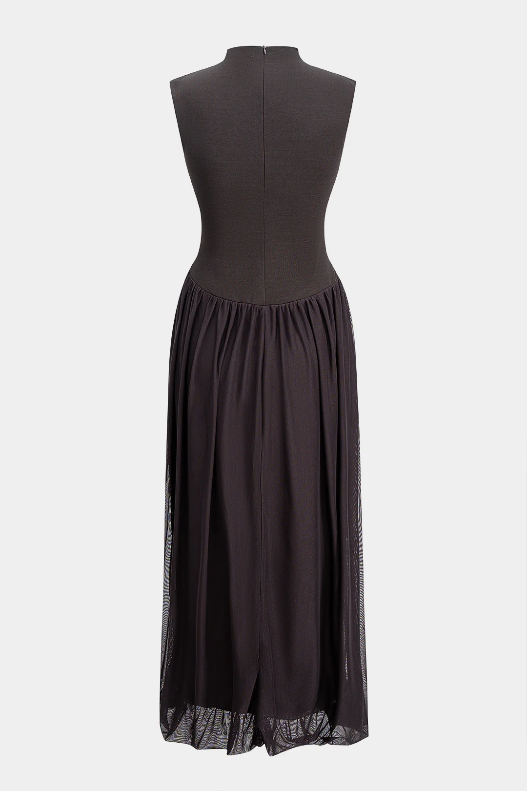 Patchwork Mesh Mock Neck Ruched Sleeveless Midi Dress - Image 2